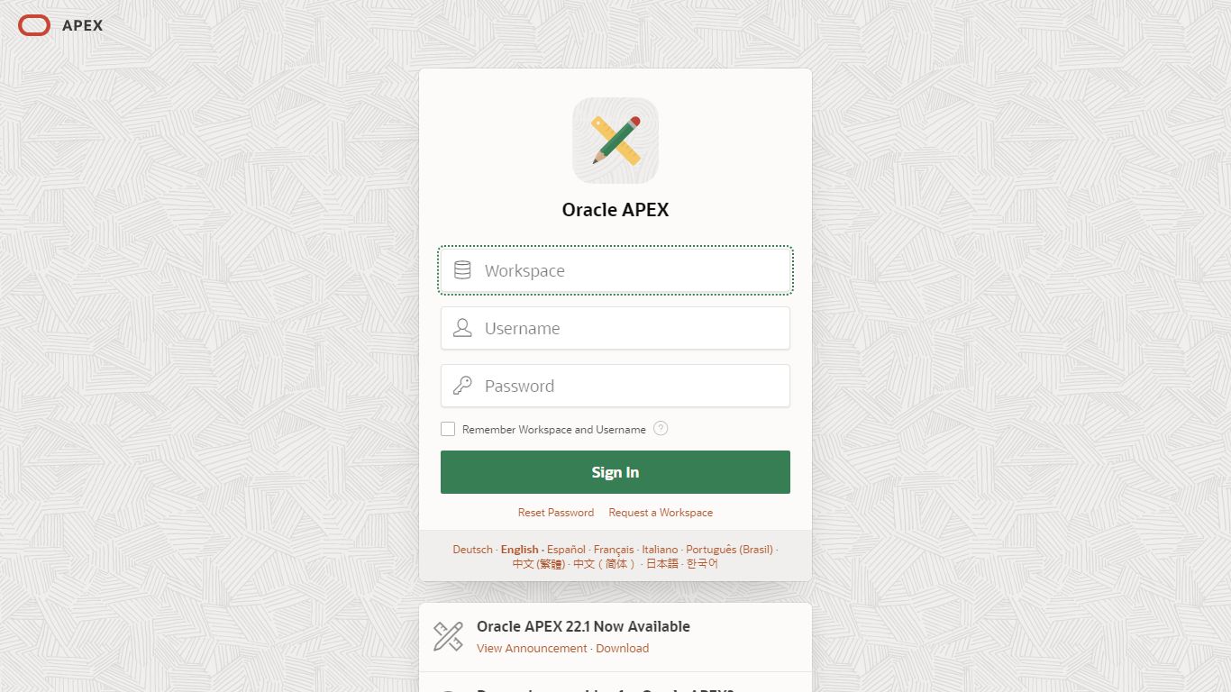 Oracle APEX - Sign In - Oracle Application Express